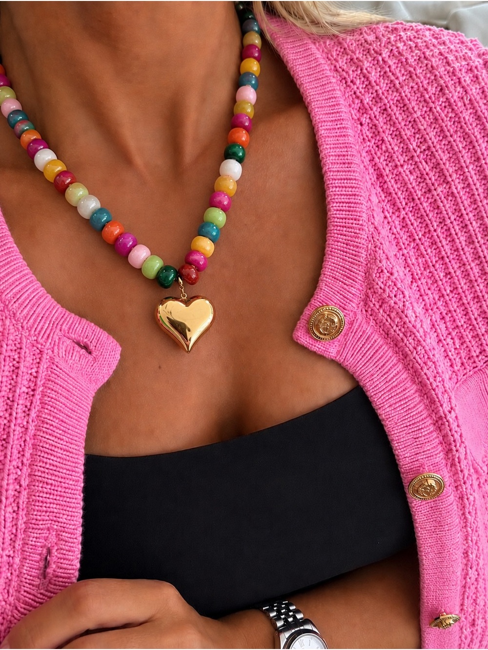 Gold Heart Pendant Beaded Necklace in Multicolor